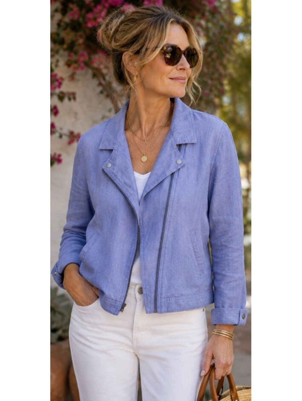 Cynthia Rowley 100% Linen Asymmetrical Moto Jacket Womens Sz Large Perwinkle Zip